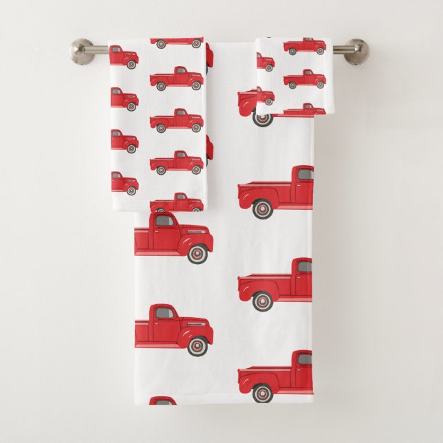 Red Truck Retro Pattern Bath Towel Set (Insitu)