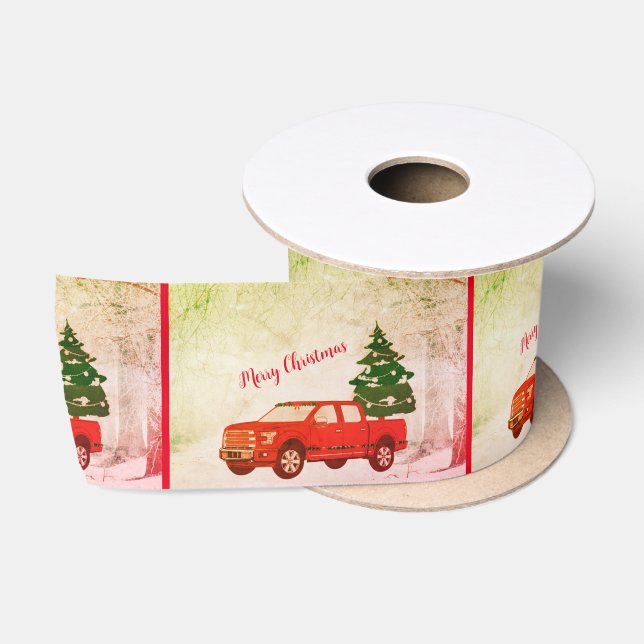 Red Truck Retro Vintage Merry Christmas Ribbon (Spool)