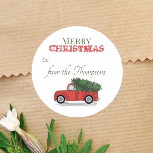 Red Truck Rustic Christmas Tree To From Cute Class Classic Round Sticker