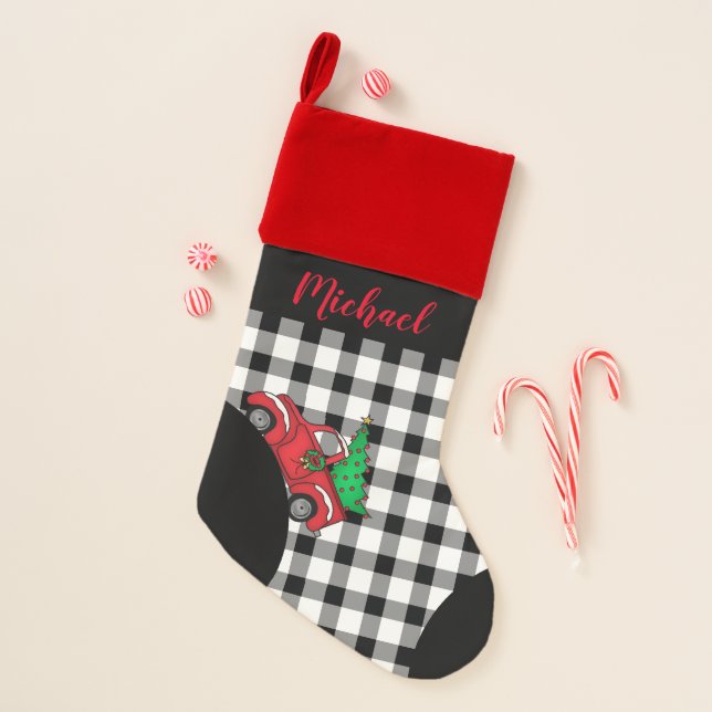 Red Truck | Rustic Medium BW Buffalo Check Name Christmas Stocking (Front)