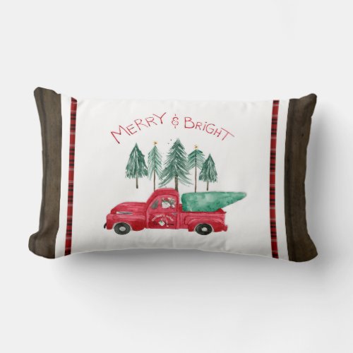 Red Truck Rustic Merry Bright Plaid Gnome Farm Lumbar Pillow