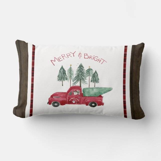 Red Truck Rustic Merry Bright Plaid Gnome Farm Lumbar Pillow (Front)