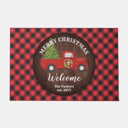 Red Truck Rustic Plaid Family Christmas Welcome Doormat
