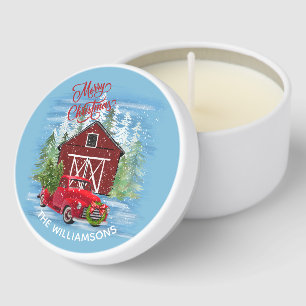 Red Truck Snow Barn Christmas Scene Name Mini Candle Favors