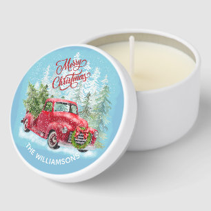 Red Truck Snow Christmas Scene Name Mini Candle Favors