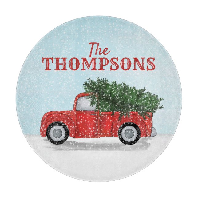 Red Truck Snow Christmas Tree Personalized Cutting Board (Front)