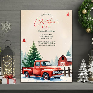 Red Truck Snowy Barn Rustic Christmas Party Invitation