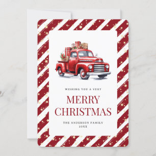 Red Truck Stripes Stars Merry Christmas Holiday Card