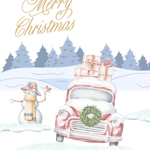 Red Truck Stuck in Snow Snowman Trees Thank You Card