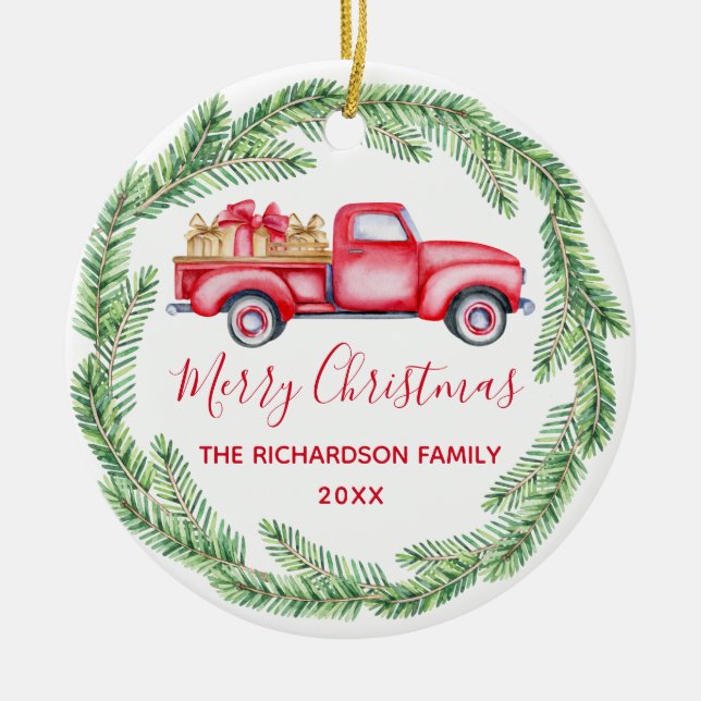 Red Truck Tree 2021 Merry Christmas Photo  Ceramic Ornament (Front)