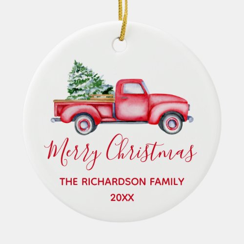 Red Truck Tree 2021 Merry Christmas Photo Ceramic Ornament