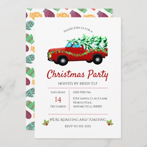 Red Truck Tree And Lights Christmas Invitation