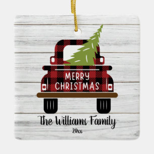 Red Truck Tree Buffalo Plaid Holiday Ceramic Ornament
