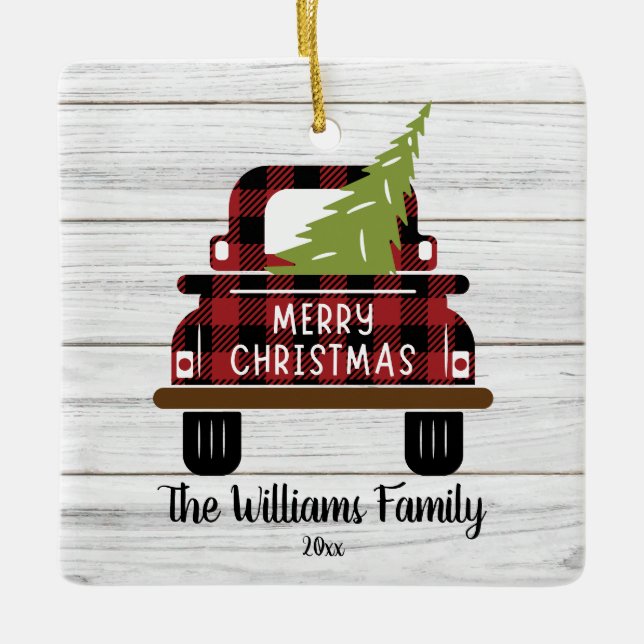 Red Truck Tree Buffalo Plaid Holiday Ceramic Ornament (Front)