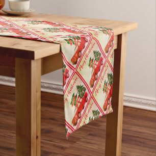 Red Truck Tree Rustic Vintage Merry Christmas Short Table Runner