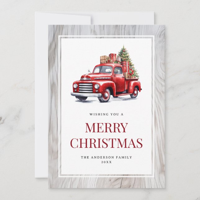 Red Truck Tree Rustic Wood Merry Christmas Card (Front)