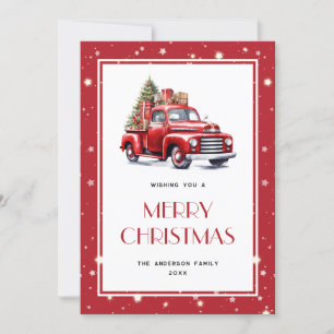 Red Truck Tree Snow Stars Merry Christmas Card