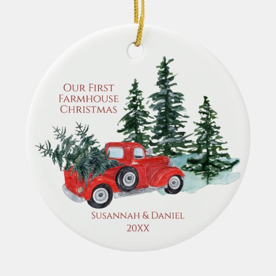 Red Truck Trees Snow First Farmhouse Christmas Ceramic Ornament