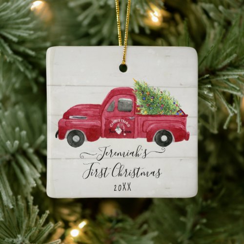 Red Truck White Wood Baby1st Christmas Tree Photo Ceramic Ornament