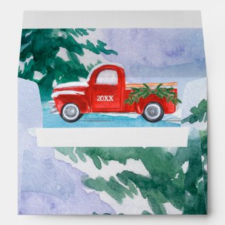 Red Truck Winter Forest Return Address Christmas Envelope