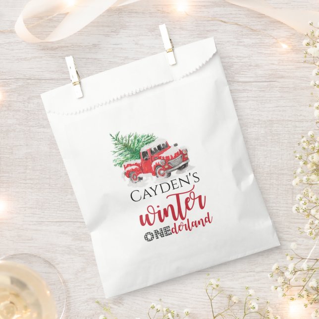 Red Truck Winter Onederland First Birthday Favor Bag (Clipped)
