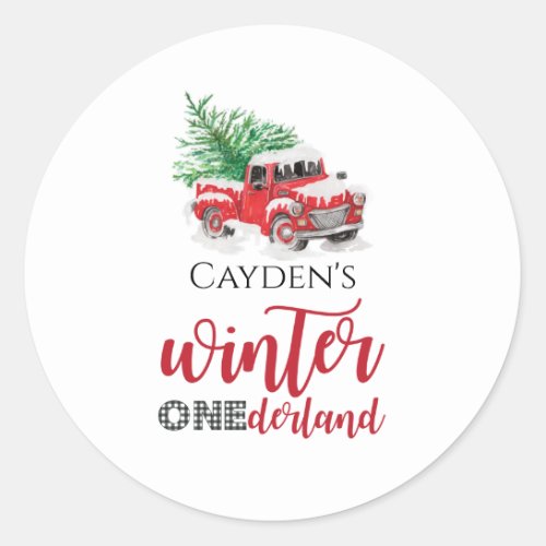 Red Truck Winter Onederland First Birthday Favor Classic Round Sticker