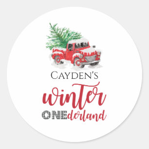 Red Truck Winter Onederland First Birthday Favor Classic Round Sticker