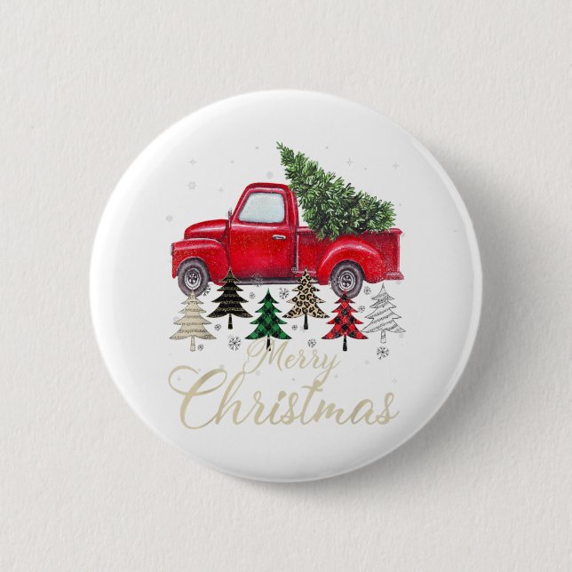 Red Truck With Buffalo Plaid And Leopard Christmas Button (Front)