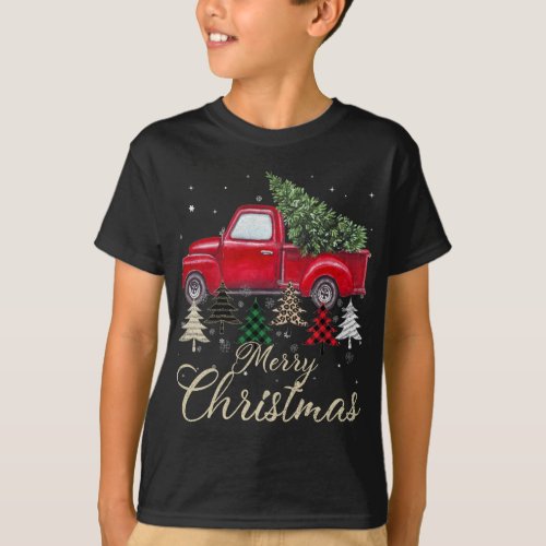 Red Truck With Buffalo Plaid And Leopard Christmas T_Shirt