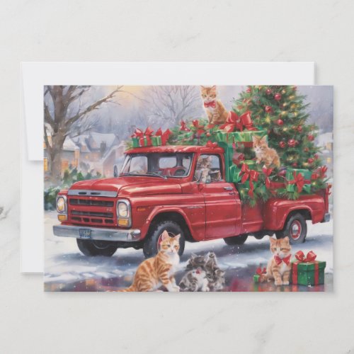 Red truck with Christmas Presents and Kitty Cats Holiday Card