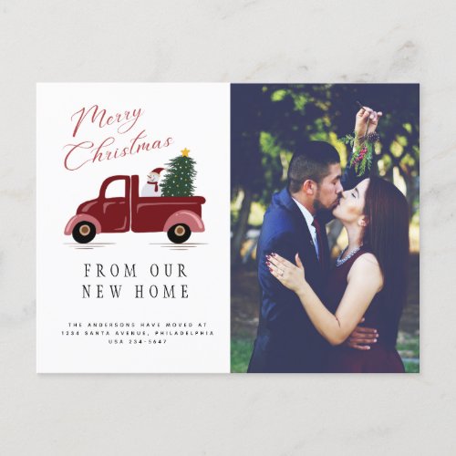 Red Truck with Christmas Tree and Snowman Moving Announcement Postcard
