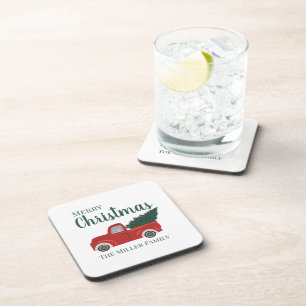 Red truck with Christmas tree custom family name Beverage Coaster