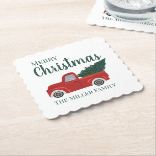 Red truck with Christmas tree  custom family name Paper Coaster