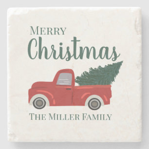 Red truck with Christmas tree custom family name Stone Coaster