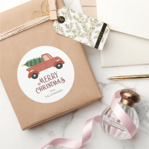Red Truck with Christmas Tree Modern Christmas Classic Round Sticker