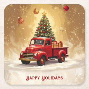 Red Truck with Christmas Tree Paper Coaster