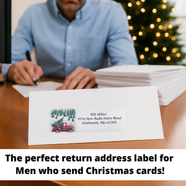  Red Truck with Christmas Tree Return Address  Label (Festive and masculine this vintage red truck label is perfect for men who mail holiday cheer.)