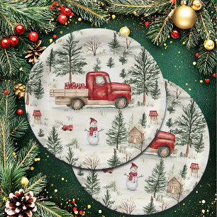 Red Truck with Gifts and Snowman Paper Plates