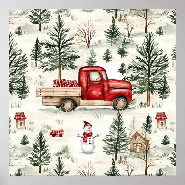 Red Truck with Gifts and Snowman Poster (Front)