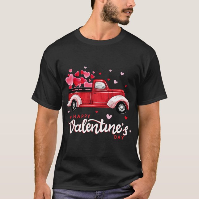 Red Truck With Hearts Happy Valentine's Day T-Shirt (Front)