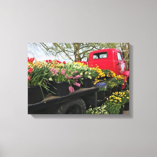 Red Truck with Spring Flowers  Rainbow Canvas Print