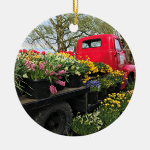 Red Truck with Spring Flowers & Rainbow Ceramic Ornament