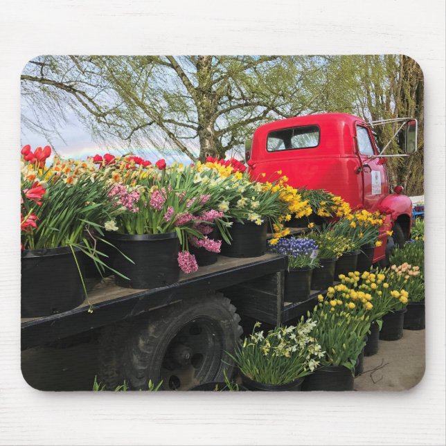 Red Truck with Spring Flowers & Rainbow Mouse Pad (Front)