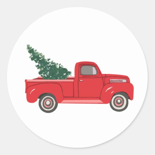 Red Truck with tree Art Painting Classic Round Sticker