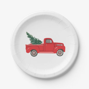 Red Truck with tree Art Painting Paper Plates