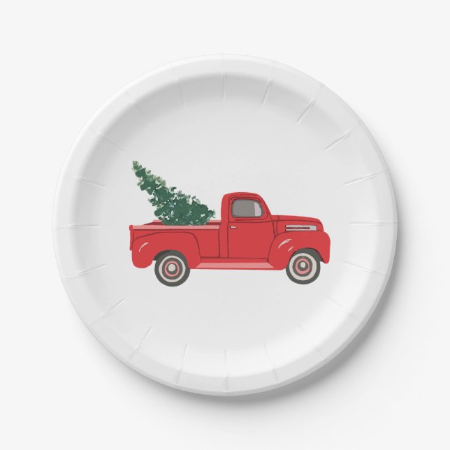 Red Truck with tree Art Painting Paper Plates (Front)