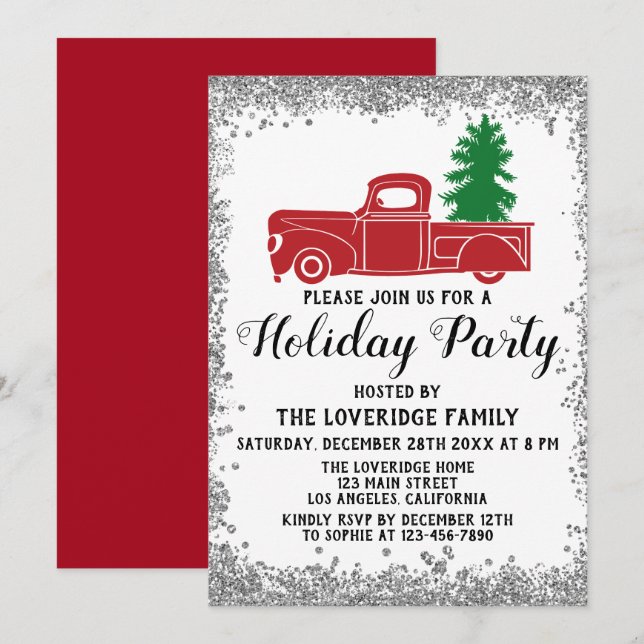 Red Truck Xmas Tree Christmas Holiday Party Silver Invitation (Front/Back)
