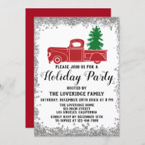 Red Truck Xmas Tree Christmas Holiday Party Silver Invitation