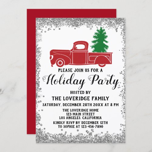 Red Truck Xmas Tree Christmas Holiday Party Silver Invitation