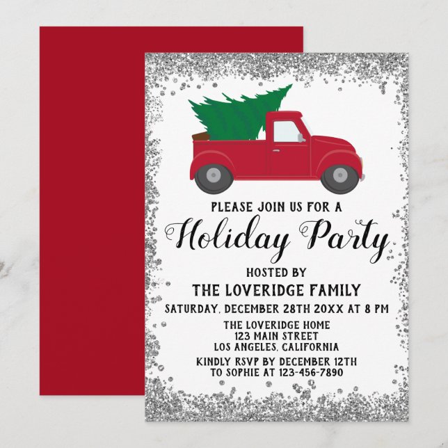 Red Truck Xmas Tree Christmas Holiday Party Silver Invitation (Front/Back)